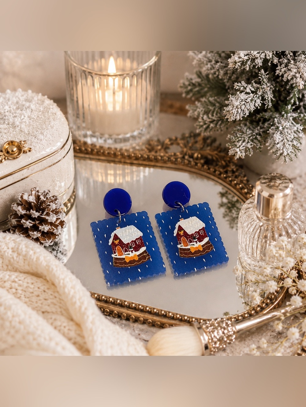 Artisan Royal Blue Holiday Cottage Dangle Earrings